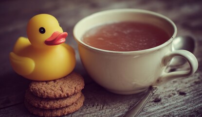 A cup of tea, cookies, and a rubber duck.