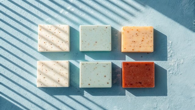 Six assorted artisan soaps arranged in two rows under striped sunlight