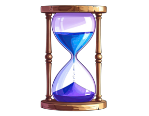 Hourglass with blue liquid flowing, wooden frame, against a black background