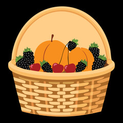 A wicker basket overflowing with a colorful assortment of fresh, ripe berries and fruits, ready for a healthy snack or baking - Vector Illustration