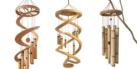 Captivating wooden wind chimes bring serene melodies and natural elegance to any outdoor living space, creating a tranquil ambiance.
