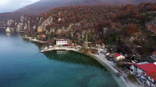 Autumn in Trpejca: Aerial View of a Picturesque Village on Lake Ohrid, North Macedonia
