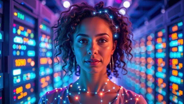 Futuristic digital portrait woman glowing dots server room technology innovation artificial intelligence confident