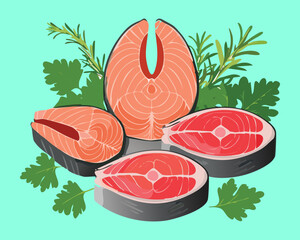 Bright slices of raw salmon steaks with a vibrant green herb and rosemary border, ideal for a cookbook cover or a menu design - Vector Illustration.	