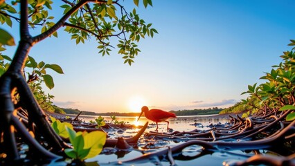 Scarlet ibis wading in mangrove forest at sunrise, vibrant sky, lush green leaves, peaceful nature, wetland habitat, tropical landscape