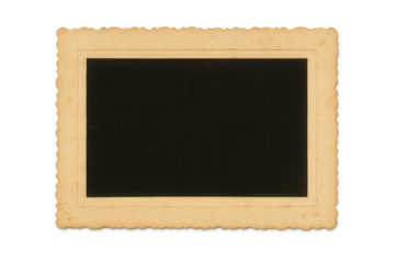 Old blank scalloped edge paper picture frame with faded border showing space for memories, transparent background