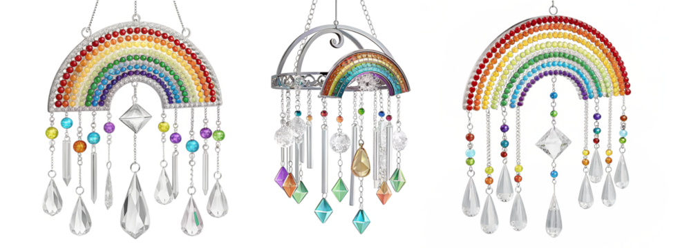 Sparkling rainbow wind chimes with colorful beads and dazzling crystal pendants bringing joy and visual delight to any space.