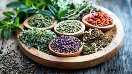 Selection of assorted herbs and spices in wooden bowls on rustic background