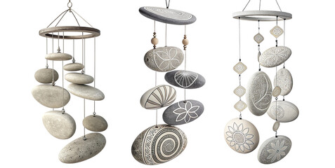 Serene natural stone wind chimes with intricate mandala and floral etchings create a peaceful...