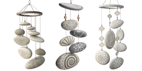Serene natural stone wind chimes with intricate mandala and floral etchings create a peaceful ambiance for any zen garden or tranquil space.