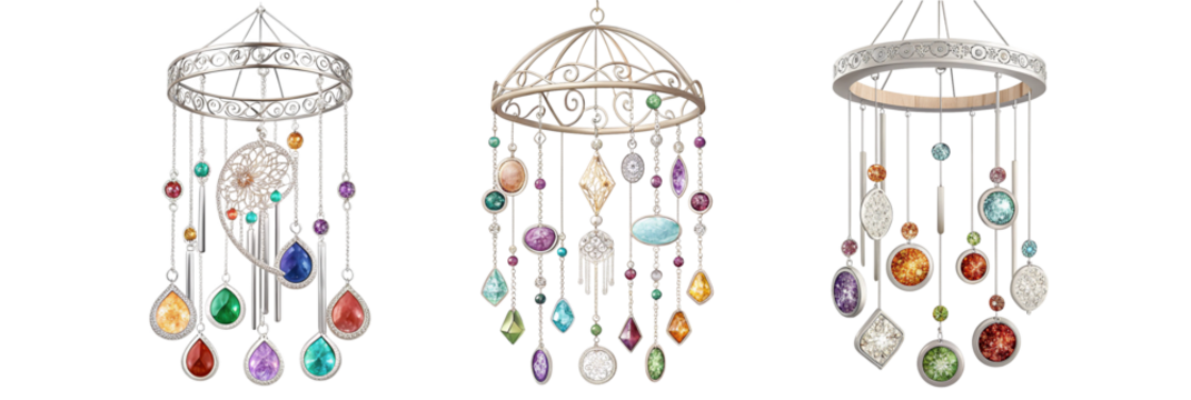 Whimsical gemstone wind chimes create bohemian vibes, perfect for artisanal jewelry designs and dreamy, free-spirited interior decor projects