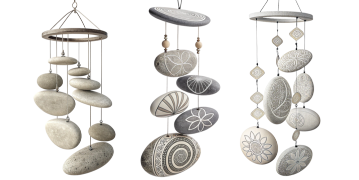 Serene natural stone wind chimes with intricate mandala and floral etchings create a peaceful ambiance for any zen garden or tranquil space.