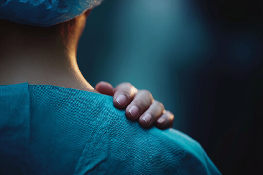 Hand touches colleague shoulder support comfort medical worker