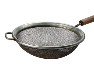 A used, angled metal sieve with a wooden handle, isolated on a black background
