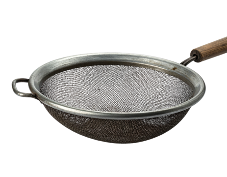 A used, angled metal sieve with a wooden handle, isolated on a black background