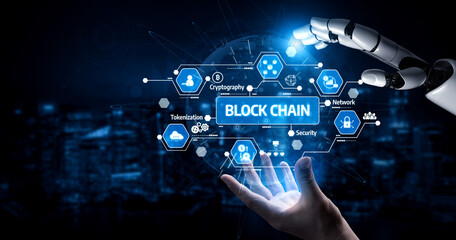 A creative depiction of a robotic hand engaging with blockchain technology visuals, highlighting concepts like cryptography, network, and security in a digital realm. Tessel