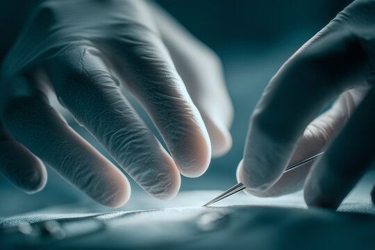 Hands performing delicate surgery procedure medical healthcare gloves instrument precision detailed sterile