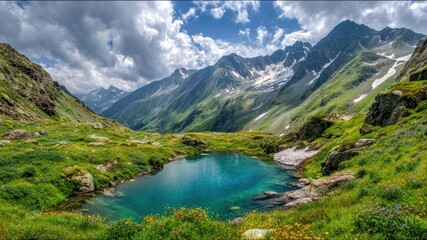 Fototapeta premium Mountain lake green grass wildflower blue sky cloud rocky scenic tranquil summer landscape with vibrant colors and peaceful atmosphere
