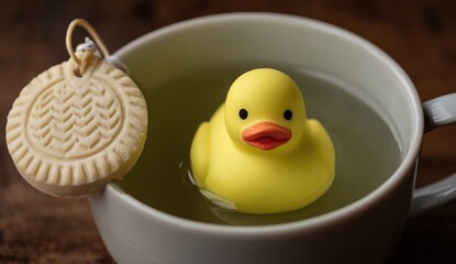 A small, yellow rubber duck floats in a teacup with a decorative cookie.