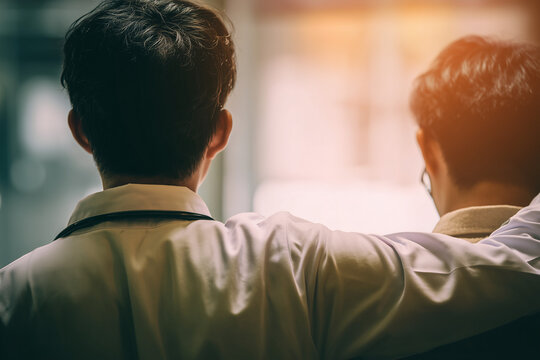 Two men doctors walks stands with arm around shoulder