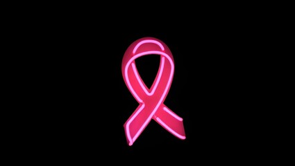 A glowing pink ribbon is centered against a solid black background, conveying a message of hope.