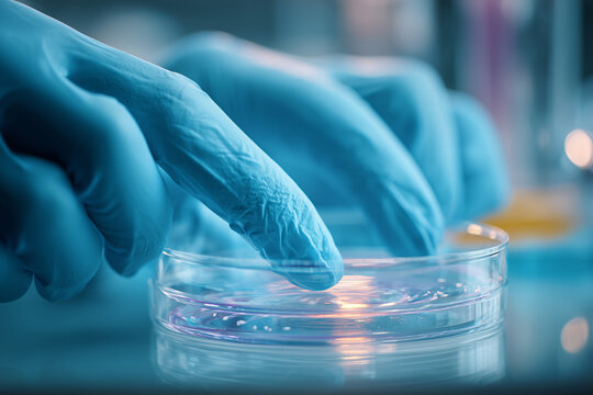 Scientist hand touching petri dish laboratory gloves science research experiment