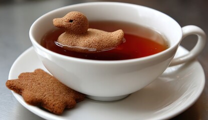 A duck-shaped sweet treat floats in a cup of tea.