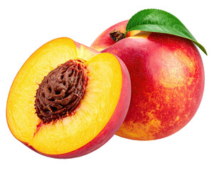 Fresh, ripe nectarine halved to show pit, with whole fruit and leaf