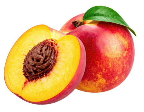 Fresh, ripe nectarine halved to show pit, with whole fruit and leaf
