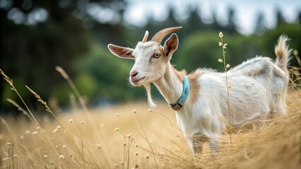 Obraz premium Curious white goat with horns stands in a golden field of tall grass