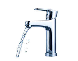 Shiny chrome faucet with flowing water against a black background (1)