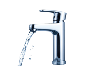 Shiny chrome faucet with flowing water against a black background (1)