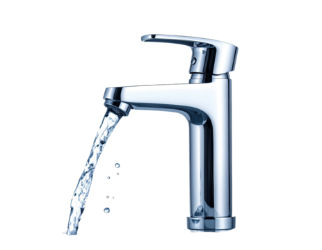 Shiny chrome faucet with flowing water against a black background (1)