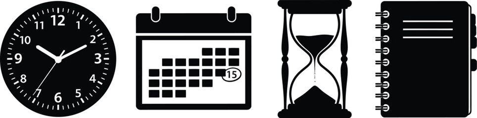 Vector art of clock, calendar, hourglass, and notebook