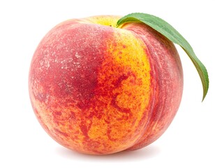 Ripe peach with green leaf
