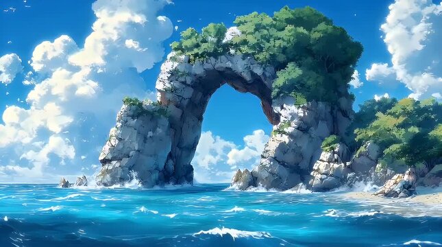 Serene Coastal Landscape with Rocky Arch and Clear Blue Sky with ai generated