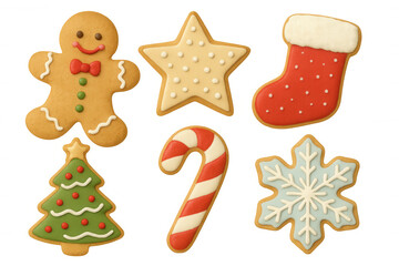Fototapeta premium Christmas cookies set with gingerbread man, star, stocking, tree, candy cane, and snowflake icing on transparent background