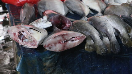Some types of fresh fish in the traditional Indonesian market traders' stalls