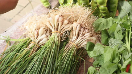 vegetable chives in stalls of Indonesian traditional market sellers