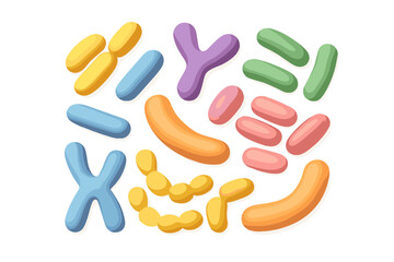 3D render microbiome composition. Probiotic bacteria background with lactobacillus, bifidobacteria, acidophilus. Cartoon vector illustration of gut flora and microorganisms set.