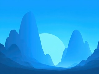 Stylized Mountain Landscape with Blue Silhouettes and Gradient Sky