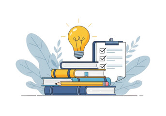 Creative idea and learning concept with books and lightbulb isolated on transparent background