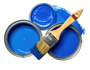 Three open paint cans and a brush, a blue paint swatch on a black backdrop