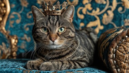 A tabby cat wearing a golden crown sits regal on a teal-colored chair.