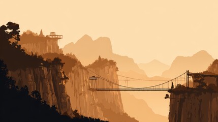 Sunset view of a suspension bridge connecting mountain cliffs with misty distant peaks and lush greenery
