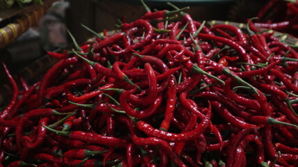 piles of red chili cayenne seller of Indonesian traditional markets
