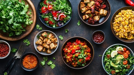 Exquisite selection of flavorful vegetarian dishes displayed on a rustic surface
