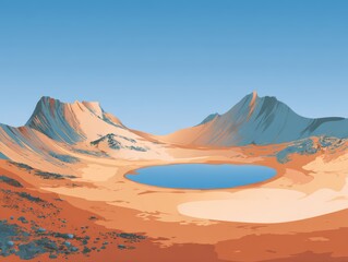 Stylized Digital Illustration of Snow-Capped Mountain Landscape with Clear Mountain Lake
