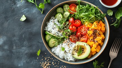 Delectable rice bowl featuring fresh vegetables and vibrant fruits on textured surface