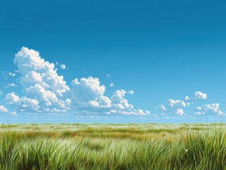 Wide Landscape of Green Grass Under Bright Blue Sky Filled with White Puffy Clouds
